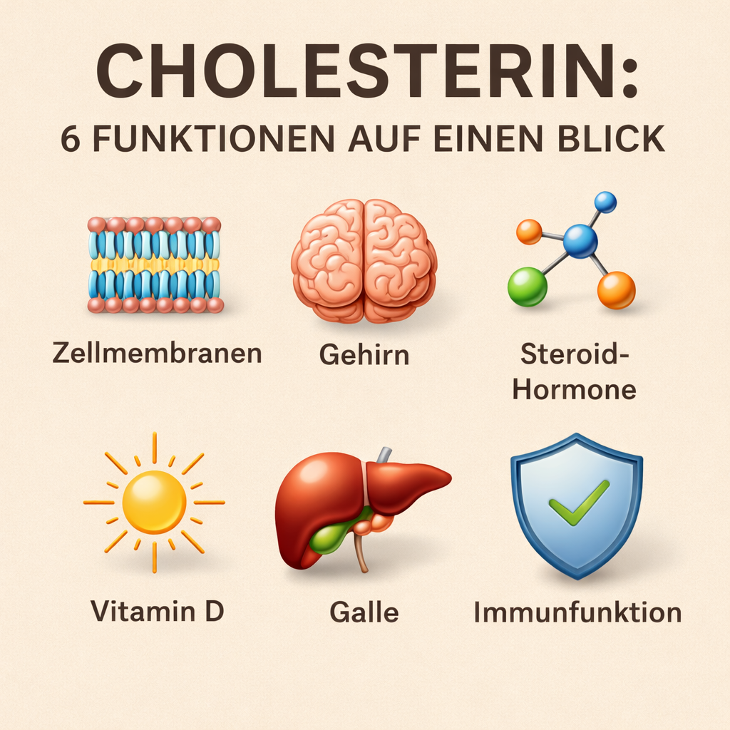 Die 6 wuichtigen Funktionen von Cholesterin: Zellmembranen, Gehirn, Steroidhormone, Vitamin D, Galle und Immunfunktion
