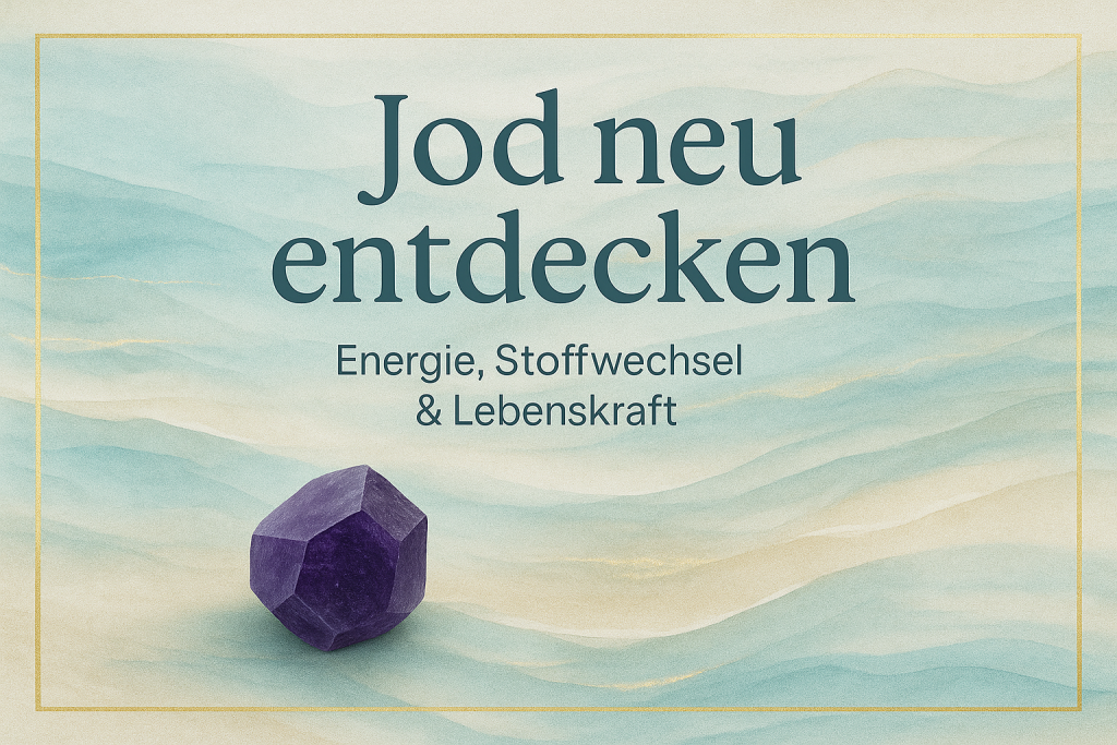 Wasserfarben-Design mit violettem Jodkristall auf hellblauem Hintergrund – Jod neu entdecken. Energie, Stoffwechsel & Lebenskraft.