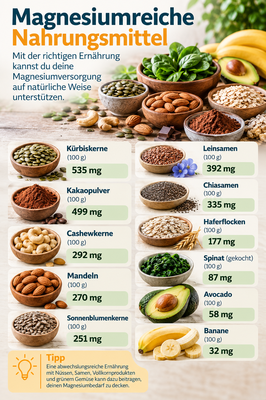 Übersicht über die magnesiumreichsten Lebensmittel