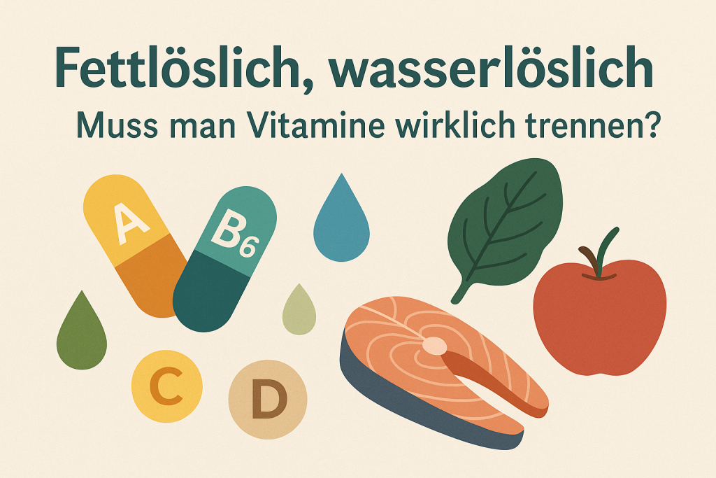 Infografik: Vitamine richtig kombinieren – Übersicht über fettlösliche und wasserlösliche Vitamine mit Symbolen, Tropfen und grünen sowie roten Markierungen.