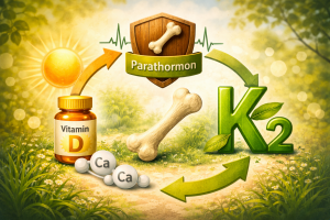 Infografik zum Zusammenspiel von Vitamin D, Parathormon und Vitamin K₂ bei der Regulation des Calciumstoffwechsels und der Knochengesundheit.