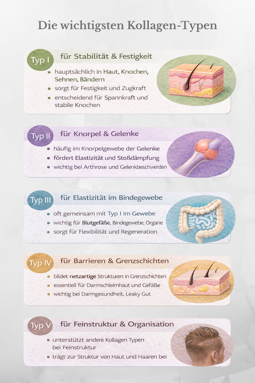 Die wichtigsten Kollagen-Typen im menschlichen Körper