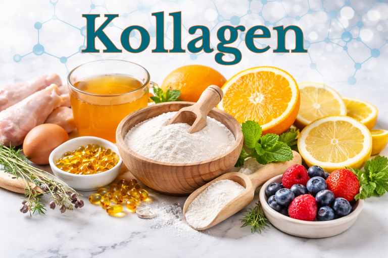 Natürliche Kollagen fördernde Lebensmittel wie Knochenbrühe, Zitrusfrüchte, Beeren, Kräuter und eiweißreiche Zutaten zur Unterstützung der Kollagenbildung im Körper