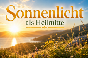Sunrise over a meadow with wildflowers and a large orange title 'Sonnenlicht als Heilmittel'