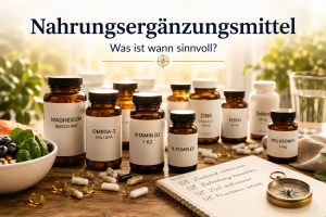 Größere Auswahl an Nahrungsergänzungsmitteln in Braungläsern auf einem Holztisch, Begleitung durch Notizbuch und Kompass im Hintergrund.