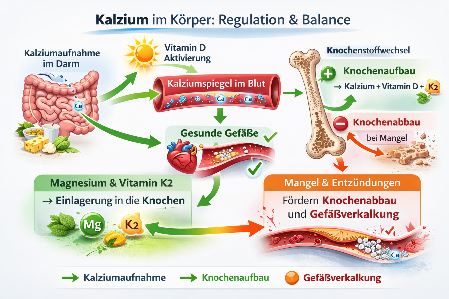 Der Kalzium - Stoffwechsel mit Vitamin D und Vitamin K2 graphisch dargestellt.