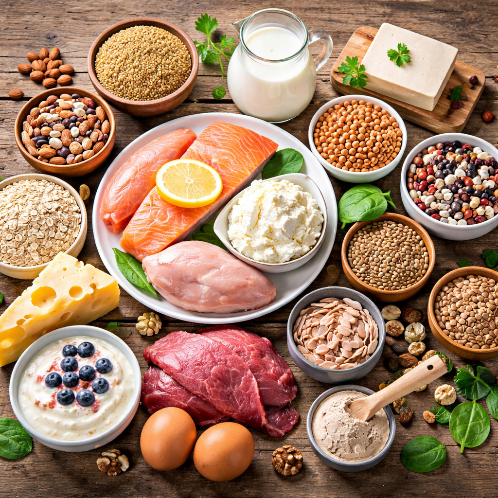 Abbildung von Lebensmitteln mit viel Eiweiß. Sie sind für die Gesundheit unerlässlich.