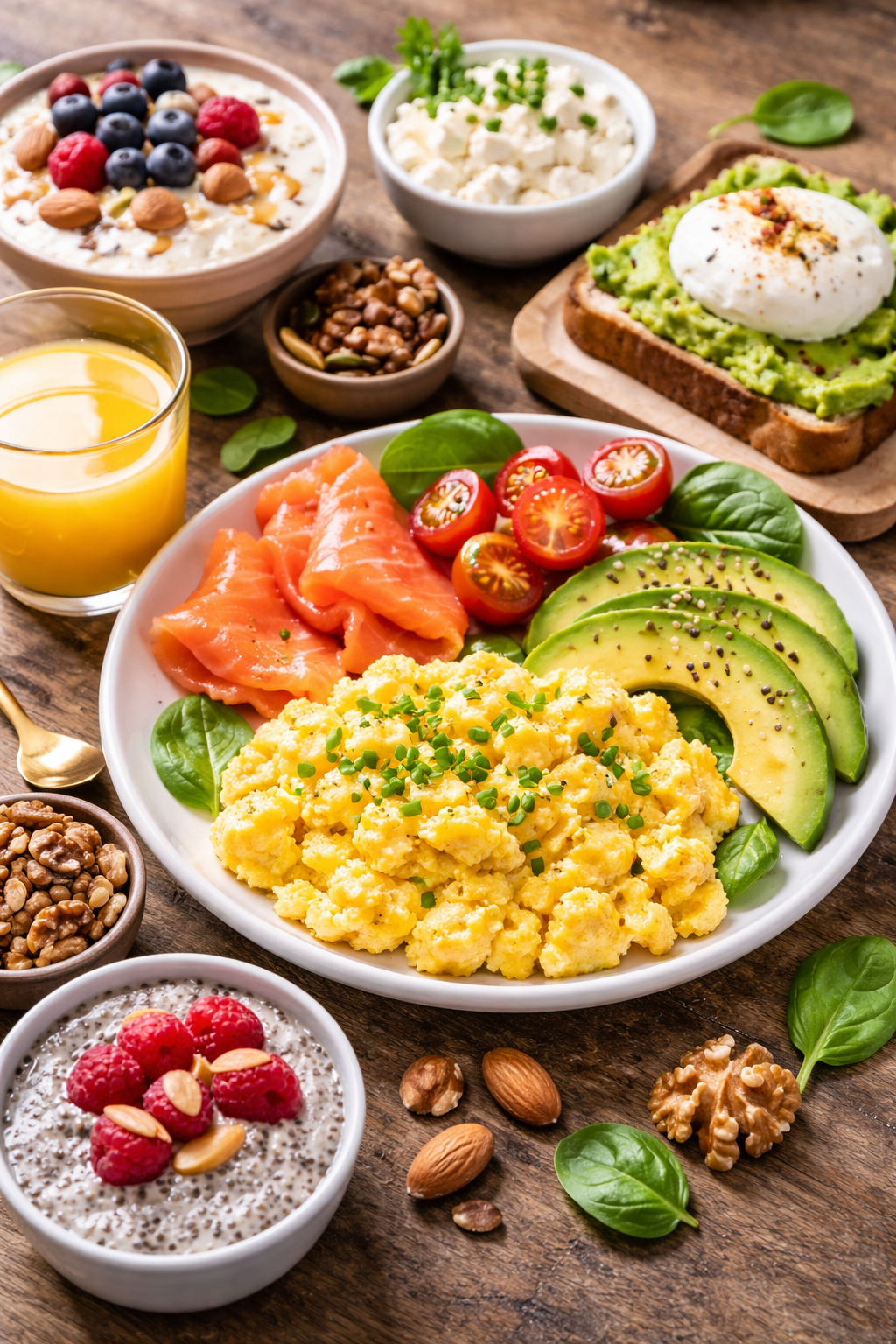 Ein Frühstück mit reichlich Eiweiß - Eier, Lachs, Nüsse