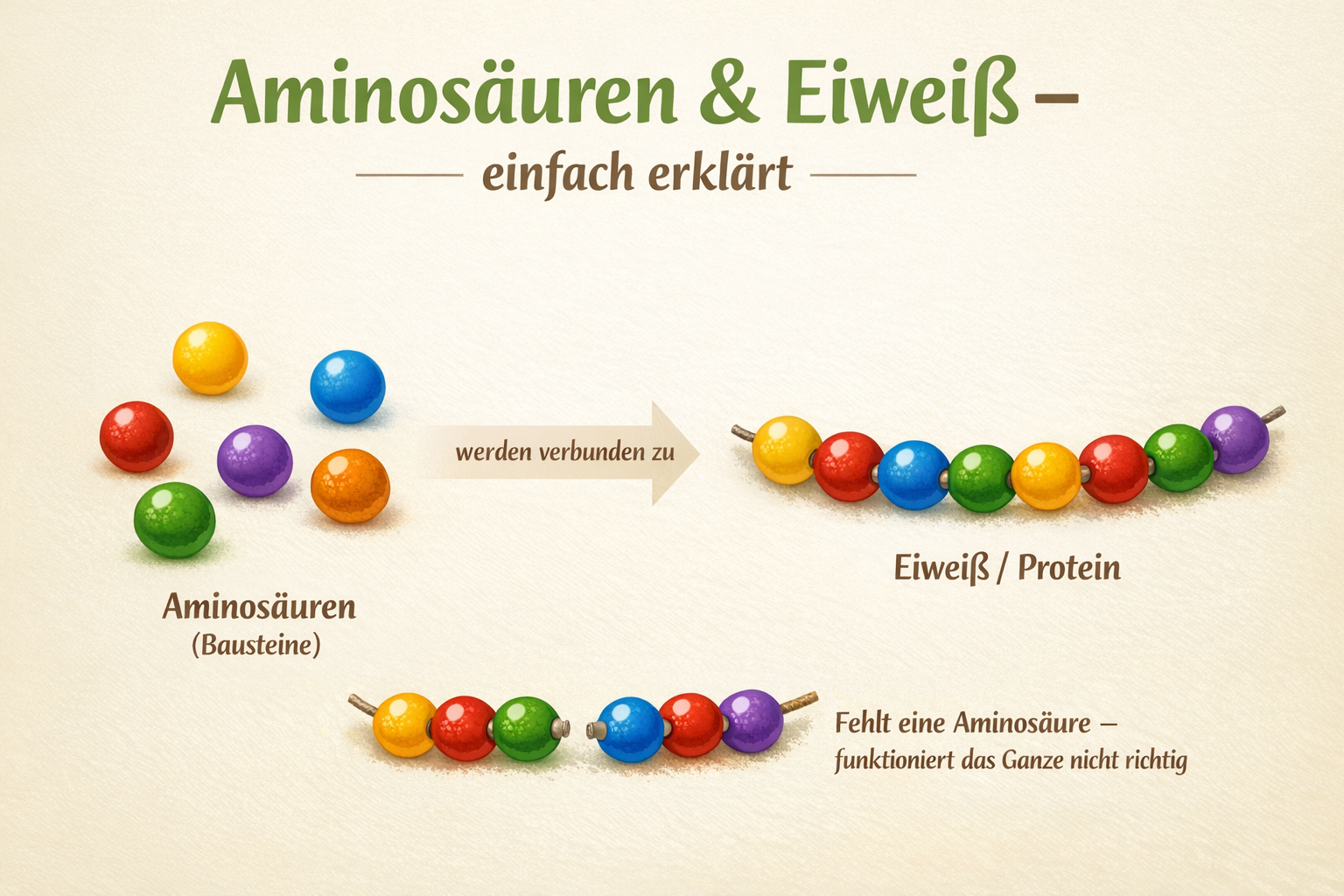 Grafische Darstellung von Aminosäuren als Bausteine, aus denen Eiweiß gebildet wird. 