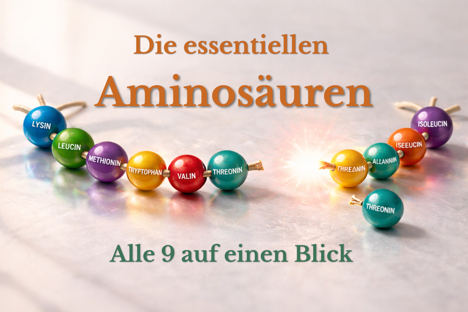 Essentielle Aminosäuren müssen dem Körper zugeführt werden. Abbildung der Essentiellen Aminosäuren als Eiweiß-Kette