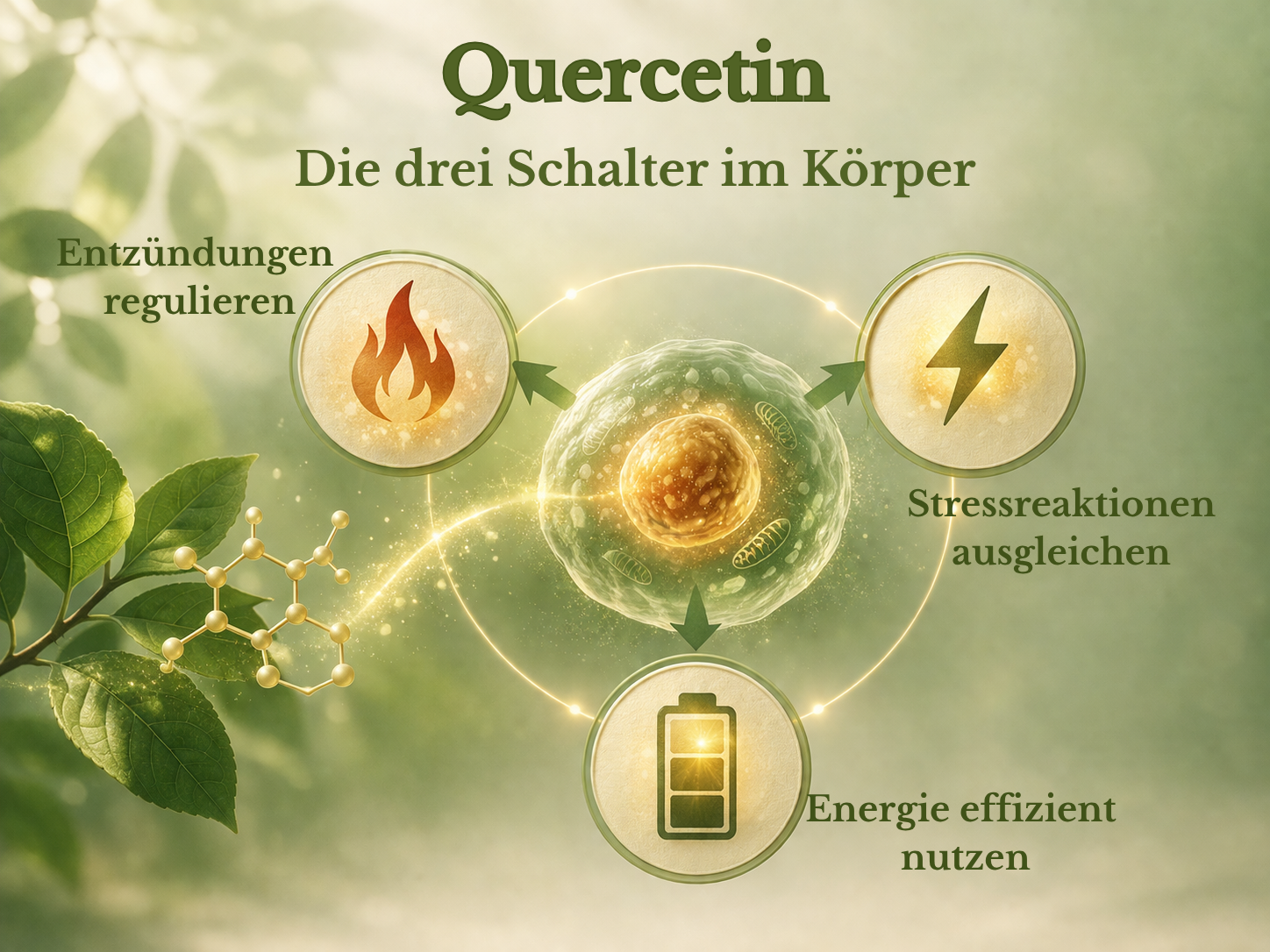 Grafische Darstellung der Schalter, an denen Quercetin im Körper wirkt. 