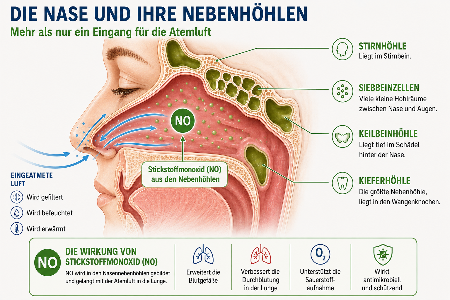 Abbildung der Nase mit den Nebenhöhlen, in denen Stickstoffmonoxid gebildet wird.