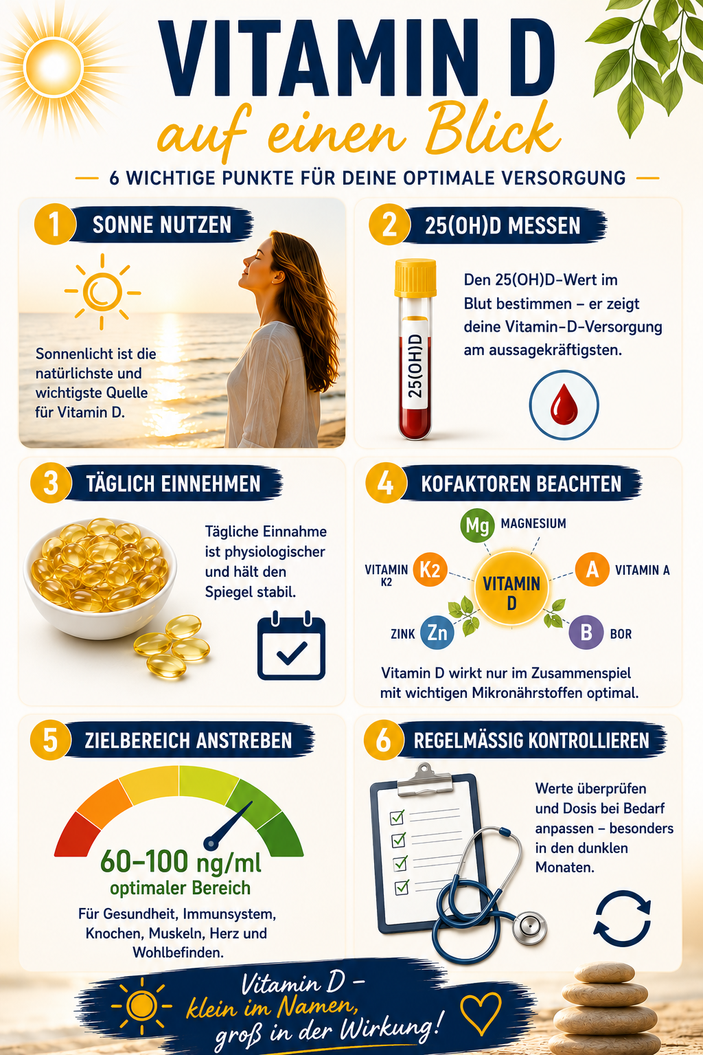 Die Grafik beschreibt die Vorgehensweise zu einer optimalen Vitamin D Versorgung.