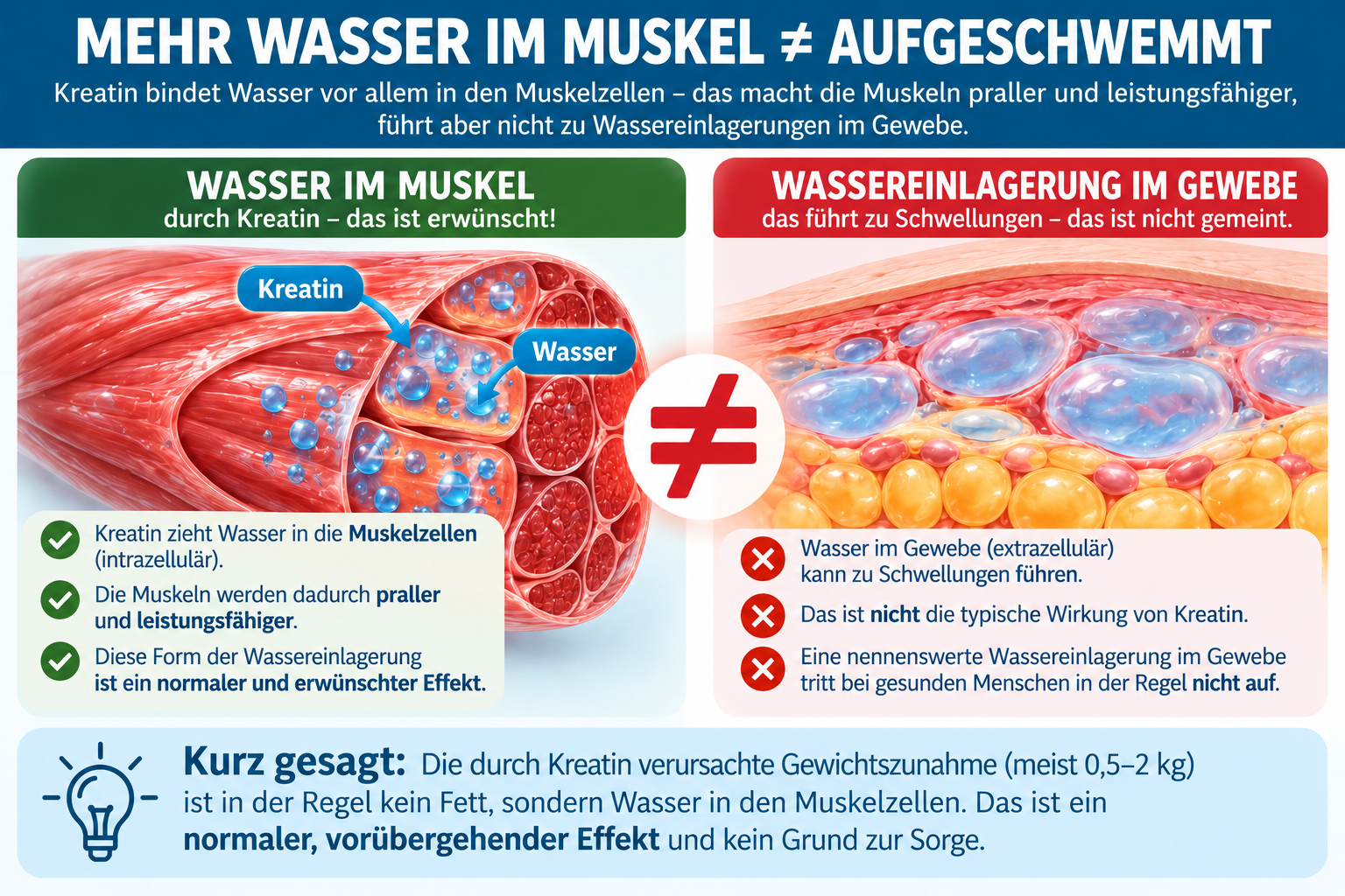 Kreatin kann die Wassereinlagerung in den Muskeln leicht erhähen.