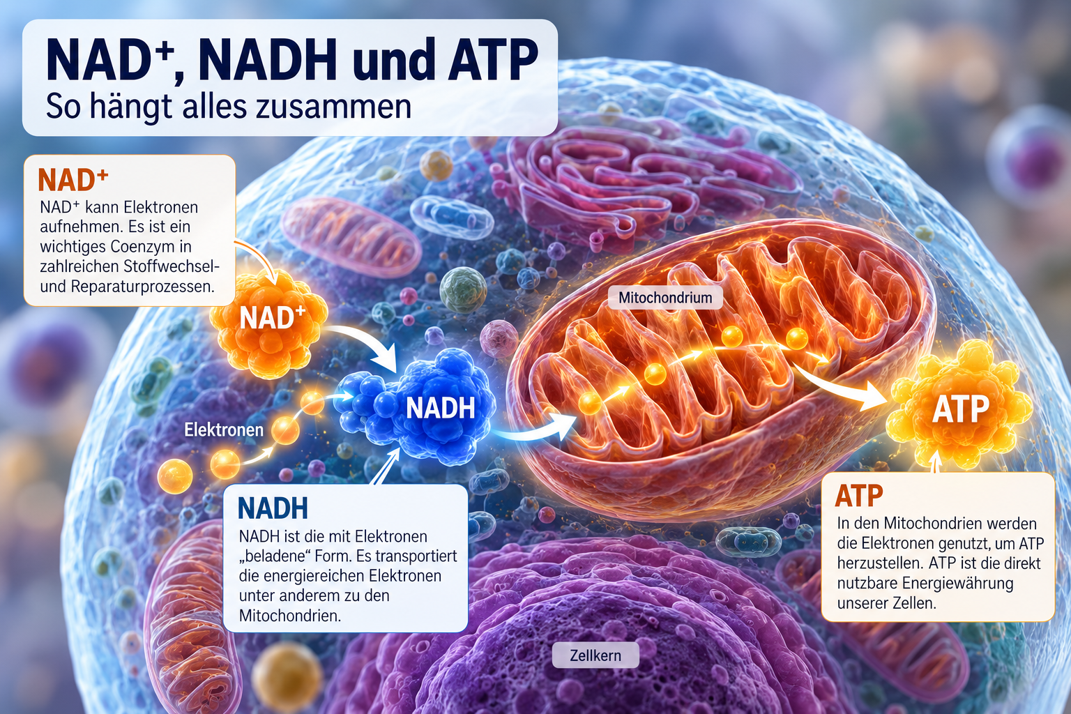 NAD+, NADH und ATP in einer Grafik erklärt